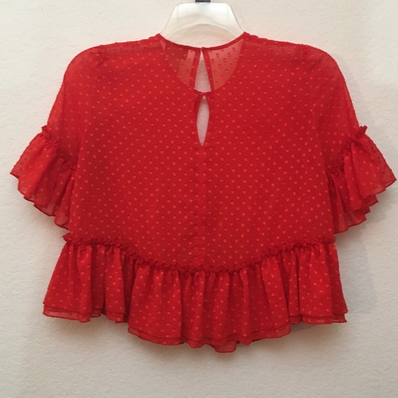H&M Red Blouse Ruffle Swiss Polka Dot Sheer Lightweight Keyhole Top Sz 8 S M - Picture 4 of 9